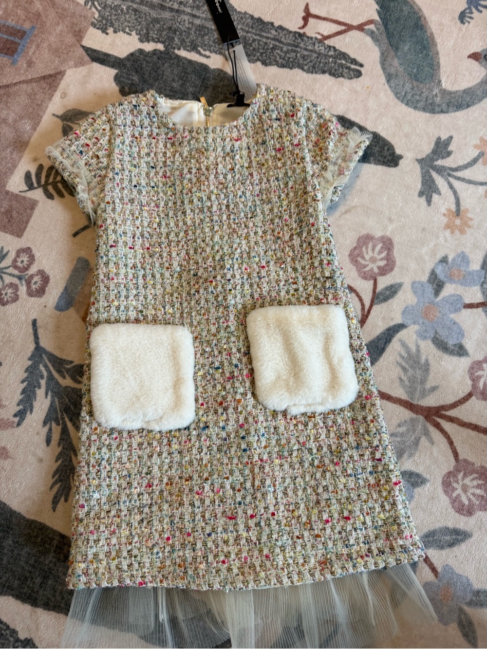 Girls' Multicolor Tweed Dress with Cream Faux-Pocket Detail